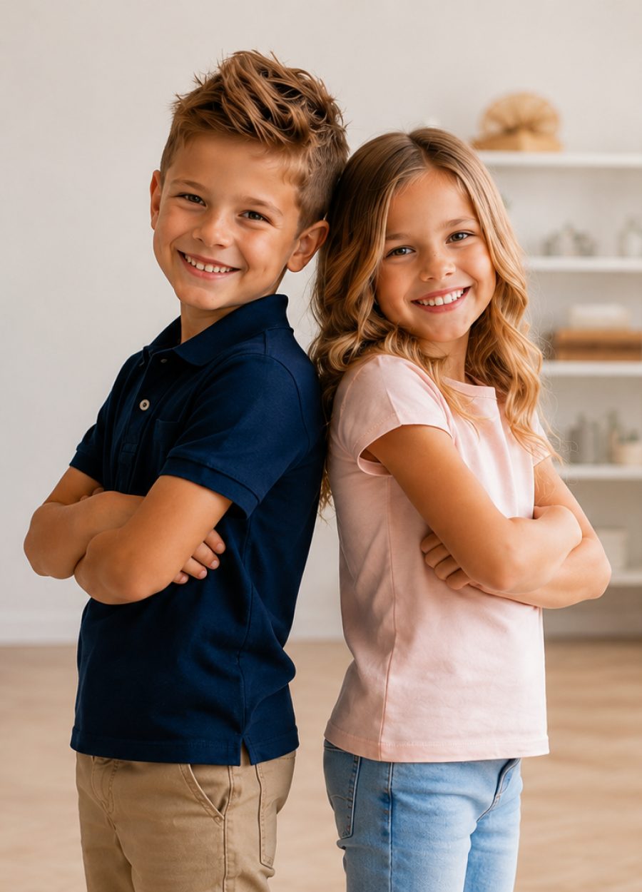 Usmiechniety chlopiec i dziewczynka stoja oparci o siebie plecami